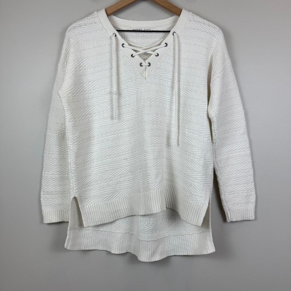 Athleta Sunset Lace Up Sweater Womens XS White Knit‎ V-Neck Pullover Normcore